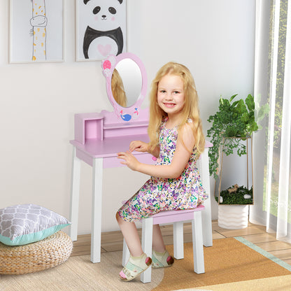 Children's Vanity with Stool and Princess Mirror Wooden Makeup Table for Girls 60x34x93 cm