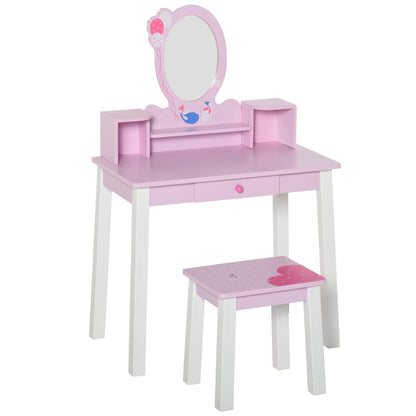 Children's Vanity with Stool and Princess Mirror Wooden Makeup Table for Girls 60x34x93 cm