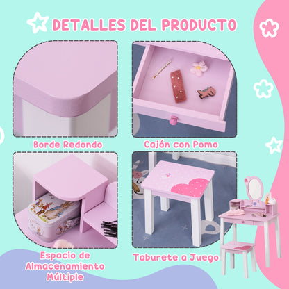 Children's Vanity with Stool and Princess Mirror Wooden Makeup Table for Girls 60x34x93 cm