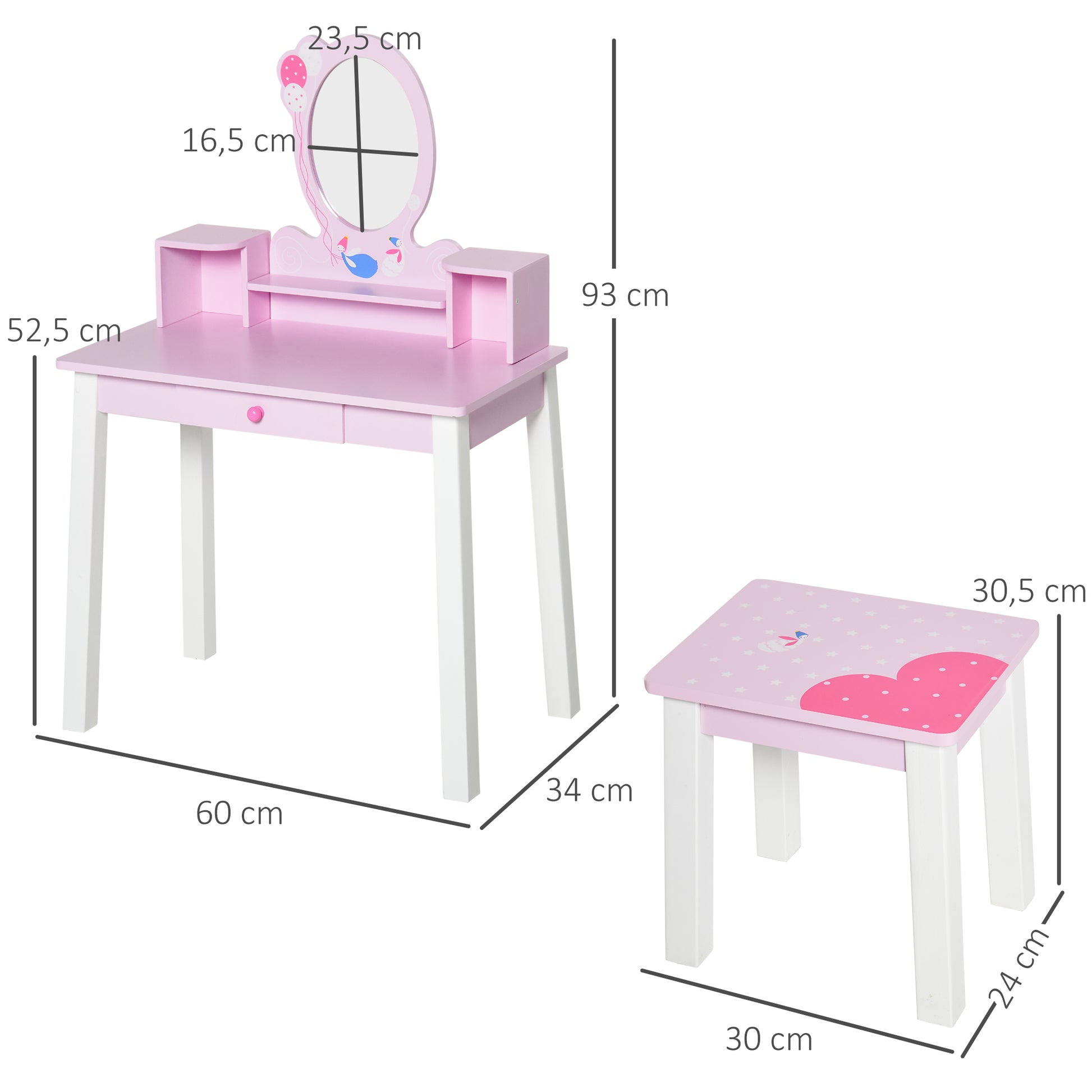 Children's Vanity with Stool and Princess Mirror Wooden Makeup Table for Girls 60x34x93 cm