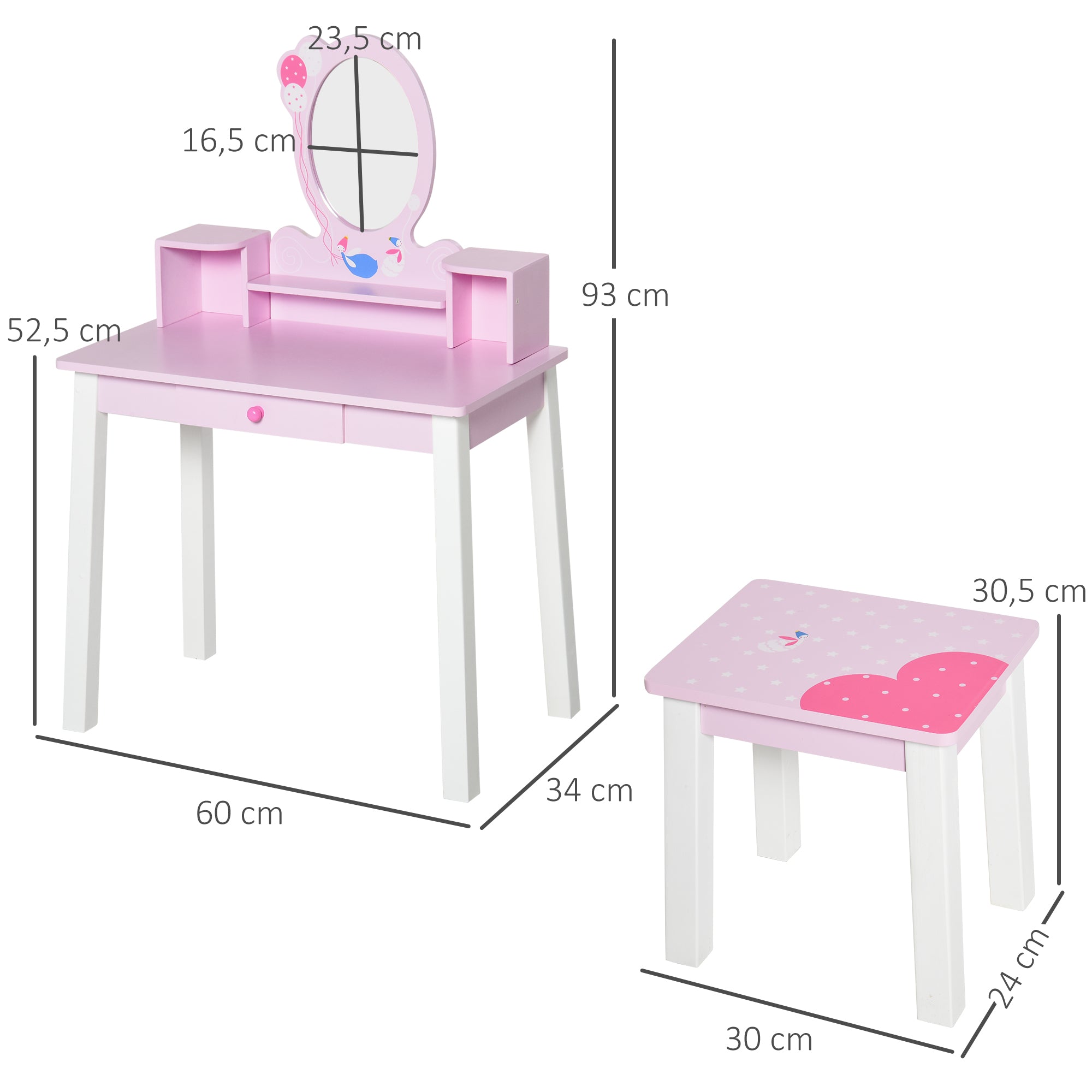 Children's Vanity with Stool and Princess Mirror Wooden Makeup Table for Girls 60x34x93 cm