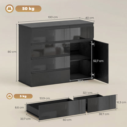 Sideboard — 5-Drawer Dresser with Adjustable Shelf & Soft-Close Door, Kitchen Cabinet for Living Room/Kitchen/Dining, High-Gloss Black, 39.4 x 15.7 x 31.5 in (100 x 40 x 80 cm)