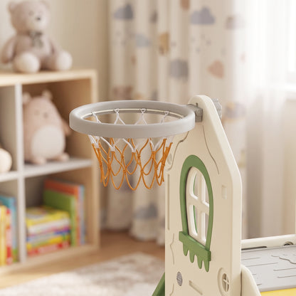 Foldable 4-in-1 Toddler Slide — Slide with Climber, Basketball Hoop & Ball, Storage Basket; Easy to Assemble & Clean, Indoor, Ages 1–3, Cream