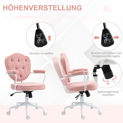 Office Chair, Ergonomic Desk Chair with Rocking Function, Button-Tufted Cover, Height-Adjustable Computer Chair with Swivel Function, for Home Office, Teddy Fleece, Pink