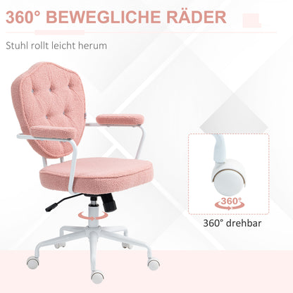 Office Chair, Ergonomic Desk Chair with Rocking Function, Button-Tufted Cover, Height-Adjustable Computer Chair with Swivel Function, for Home Office, Teddy Fleece, Pink