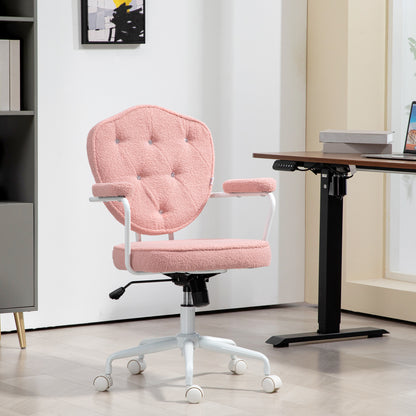 Office Chair, Ergonomic Desk Chair with Rocking Function, Button-Tufted Cover, Height-Adjustable Computer Chair with Swivel Function, for Home Office, Teddy Fleece, Pink