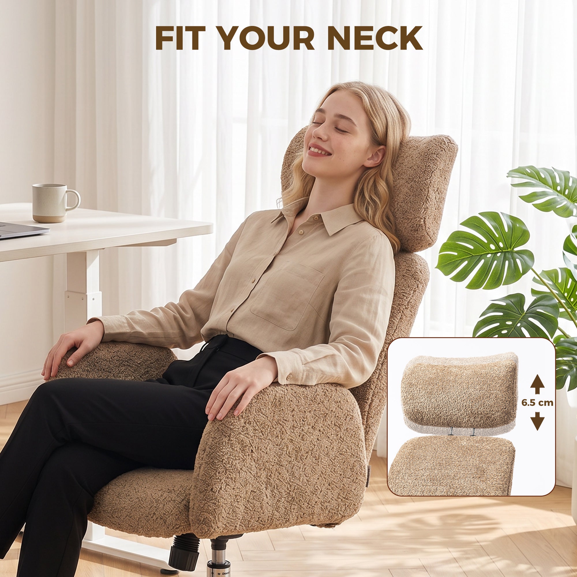Office Chair for Home Office with Armrests, Adjustable Headrest, Height-Adjustable Swivel Chair with Tilt, Bouclé Finish, Brown