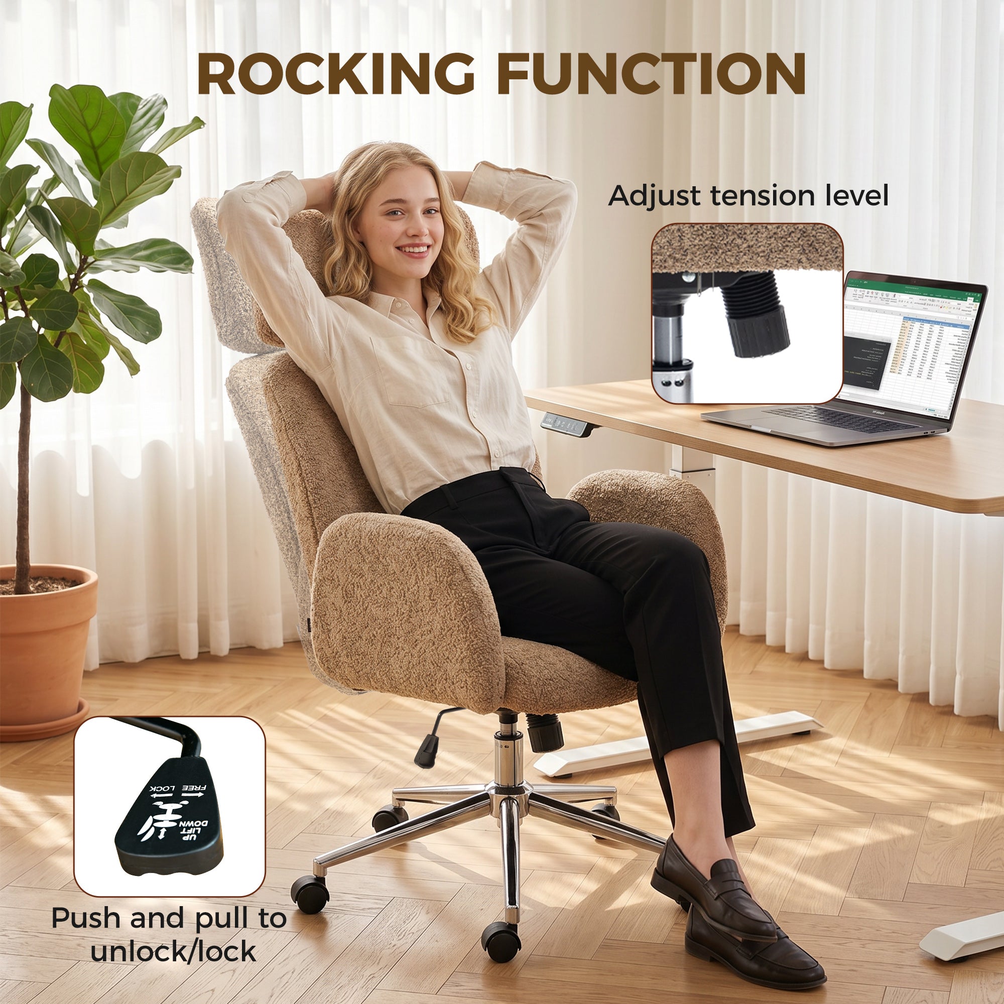 Office Chair for Home Office with Armrests, Adjustable Headrest, Height-Adjustable Swivel Chair with Tilt, Bouclé Finish, Brown