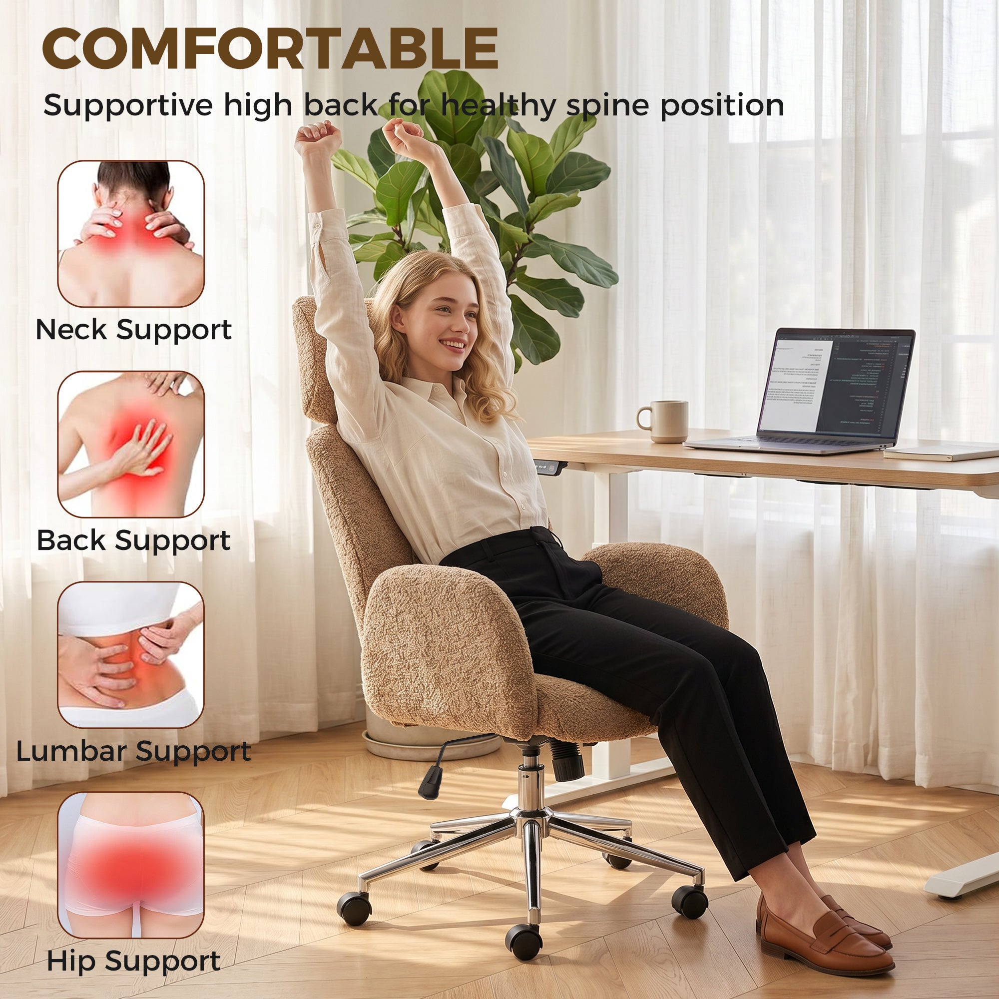 Office Chair for Home Office with Armrests, Adjustable Headrest, Height-Adjustable Swivel Chair with Tilt, Bouclé Finish, Brown