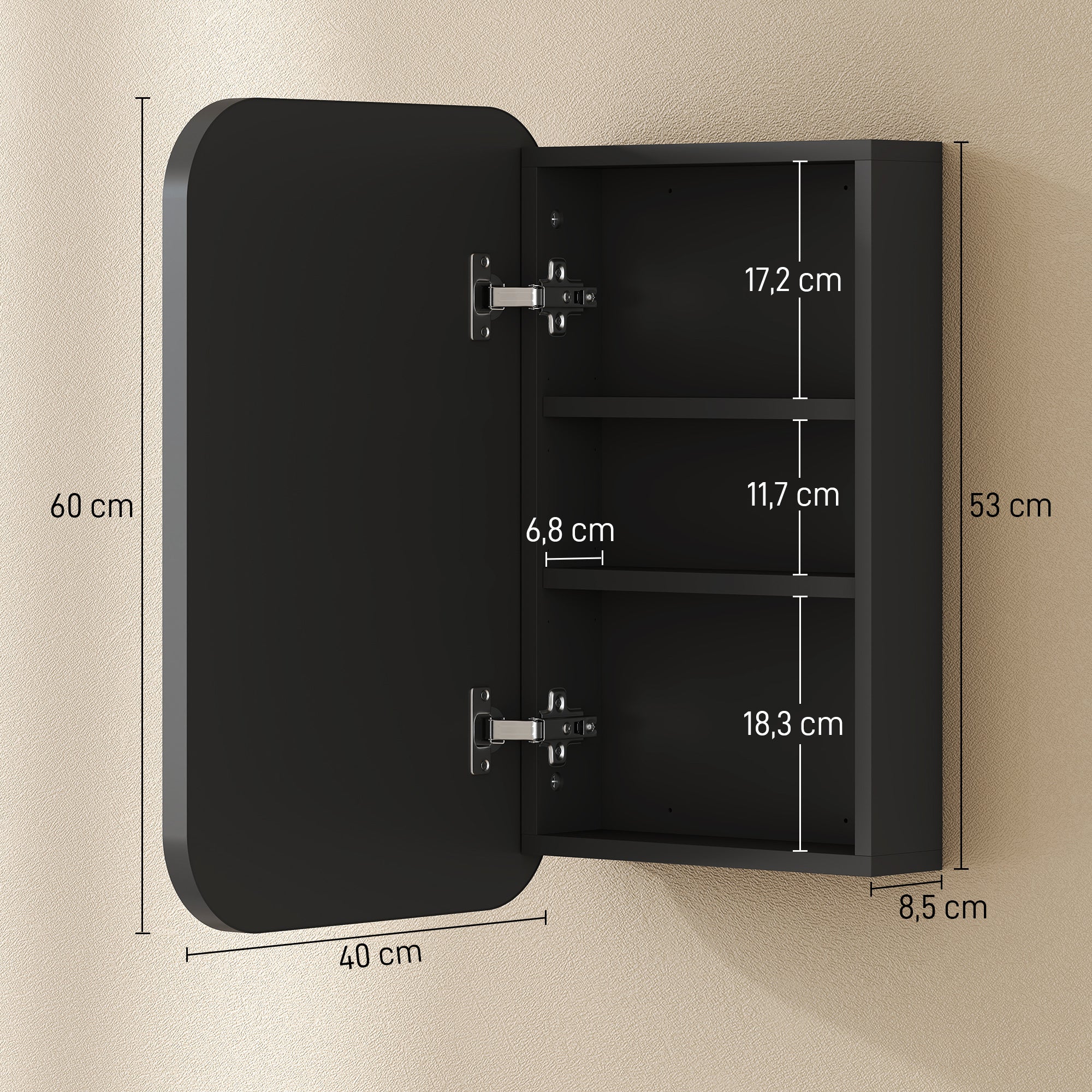 Bathroom Mirrored Cabinet, Wall-Mounted Black Medicine Cabinet with Adjustable Shelves and Soft-Close Door, 15.7 x 3.9 x 23.6 in