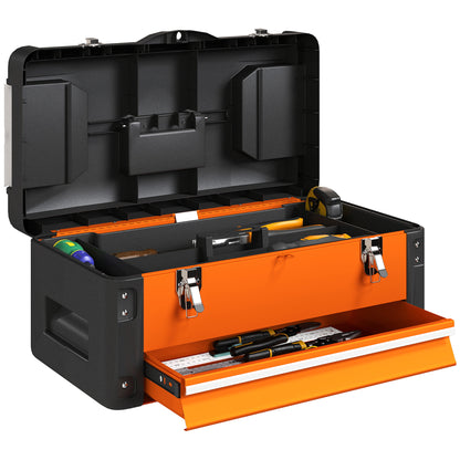 Empty Tool Box, 49.7 x 25.3 x 23 cm Steel Tool Chest with Drawer, Mini Box, Upper Compartment, Handle, Orange