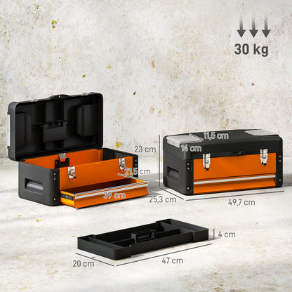 Empty Tool Box, 49.7 x 25.3 x 23 cm Steel Tool Chest with Drawer, Mini Box, Upper Compartment, Handle, Orange