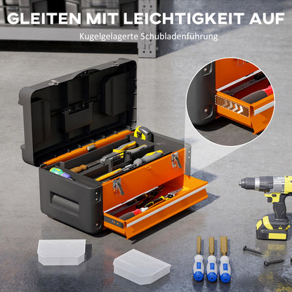 Empty Tool Box, 49.7 x 25.3 x 23 cm Steel Tool Chest with Drawer, Mini Box, Upper Compartment, Handle, Orange
