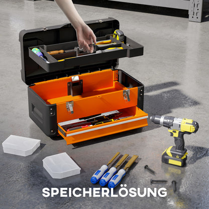Empty Tool Box, 49.7 x 25.3 x 23 cm Steel Tool Chest with Drawer, Mini Box, Upper Compartment, Handle, Orange