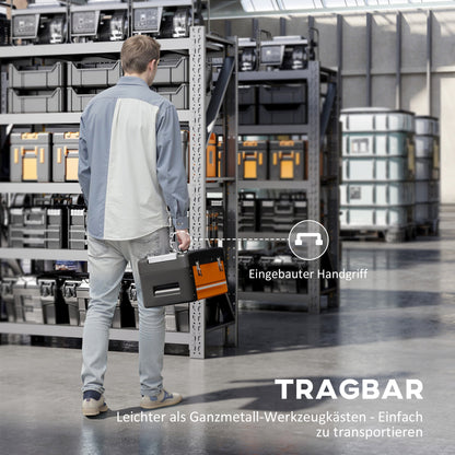 Empty Tool Box, 49.7 x 25.3 x 23 cm Steel Tool Chest with Drawer, Mini Box, Upper Compartment, Handle, Orange