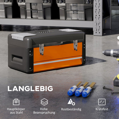 Empty Tool Box, 49.7 x 25.3 x 23 cm Steel Tool Chest with Drawer, Mini Box, Upper Compartment, Handle, Orange