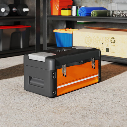 Empty Tool Box, 49.7 x 25.3 x 23 cm Steel Tool Chest with Drawer, Mini Box, Upper Compartment, Handle, Orange