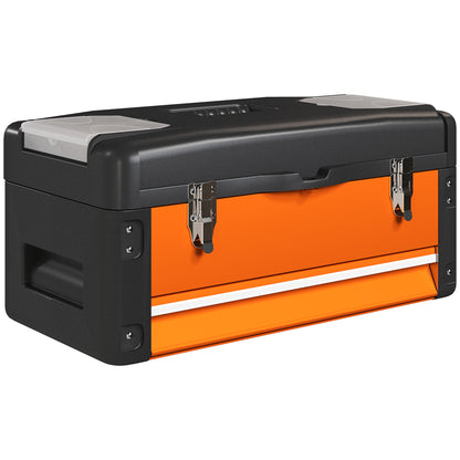 Empty Tool Box, 49.7 x 25.3 x 23 cm Steel Tool Chest with Drawer, Mini Box, Upper Compartment, Handle, Orange