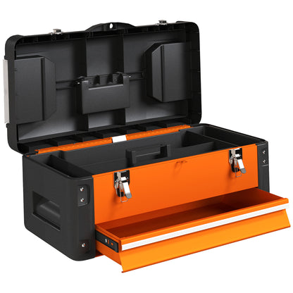 Empty Tool Box, 49.7 x 25.3 x 23 cm Steel Tool Chest with Drawer, Mini Box, Upper Compartment, Handle, Orange
