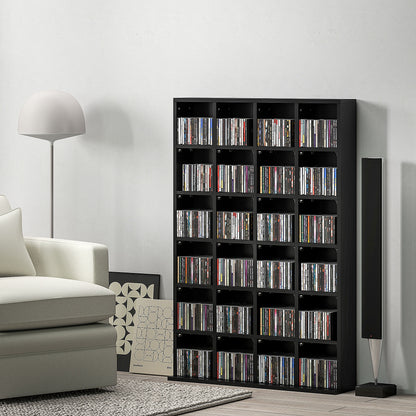 CD and DVD Storage, Multimedia Storage Cabinet with 24 Compartments, max. Capacity 480 CD/ 312 DVD, Wooden Bookshelf with Adjustable Shelves, 89 x 20 x 130.5 cm, Black