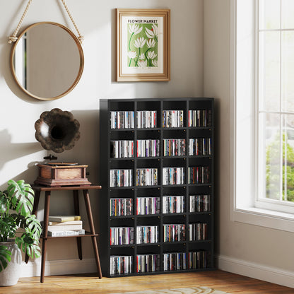 CD and DVD Storage, Multimedia Storage Cabinet with 24 Compartments, max. Capacity 480 CD/ 312 DVD, Wooden Bookshelf with Adjustable Shelves, 89 x 20 x 130.5 cm, Black