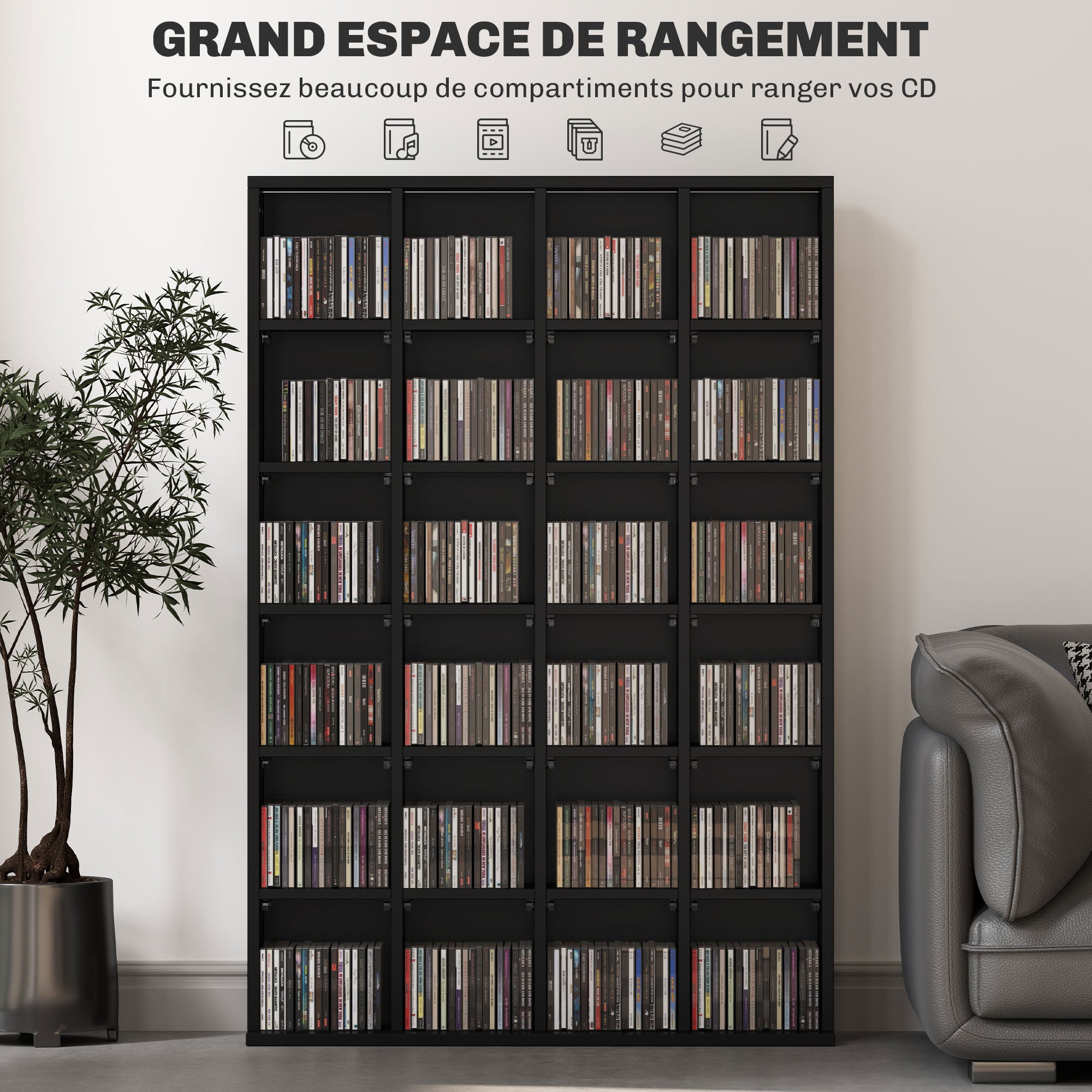 CD and DVD Storage, Multimedia Storage Cabinet with 24 Compartments, max. Capacity 480 CD/ 312 DVD, Wooden Bookshelf with Adjustable Shelves, 89 x 20 x 130.5 cm, Black