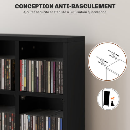 CD and DVD Storage, Multimedia Storage Cabinet with 24 Compartments, max. Capacity 480 CD/ 312 DVD, Wooden Bookshelf with Adjustable Shelves, 89 x 20 x 130.5 cm, Black