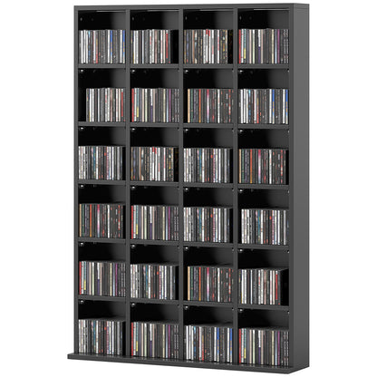 CD and DVD Storage, Multimedia Storage Cabinet with 24 Compartments, max. Capacity 480 CD/ 312 DVD, Wooden Bookshelf with Adjustable Shelves, 89 x 20 x 130.5 cm, Black
