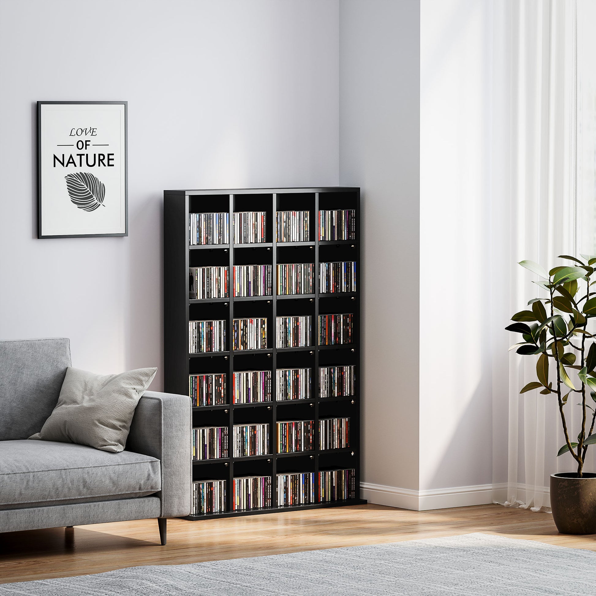 CD and DVD Storage, Multimedia Storage Cabinet with 24 Compartments, max. Capacity 480 CD/ 312 DVD, Wooden Bookshelf with Adjustable Shelves, 89 x 20 x 130.5 cm, Black