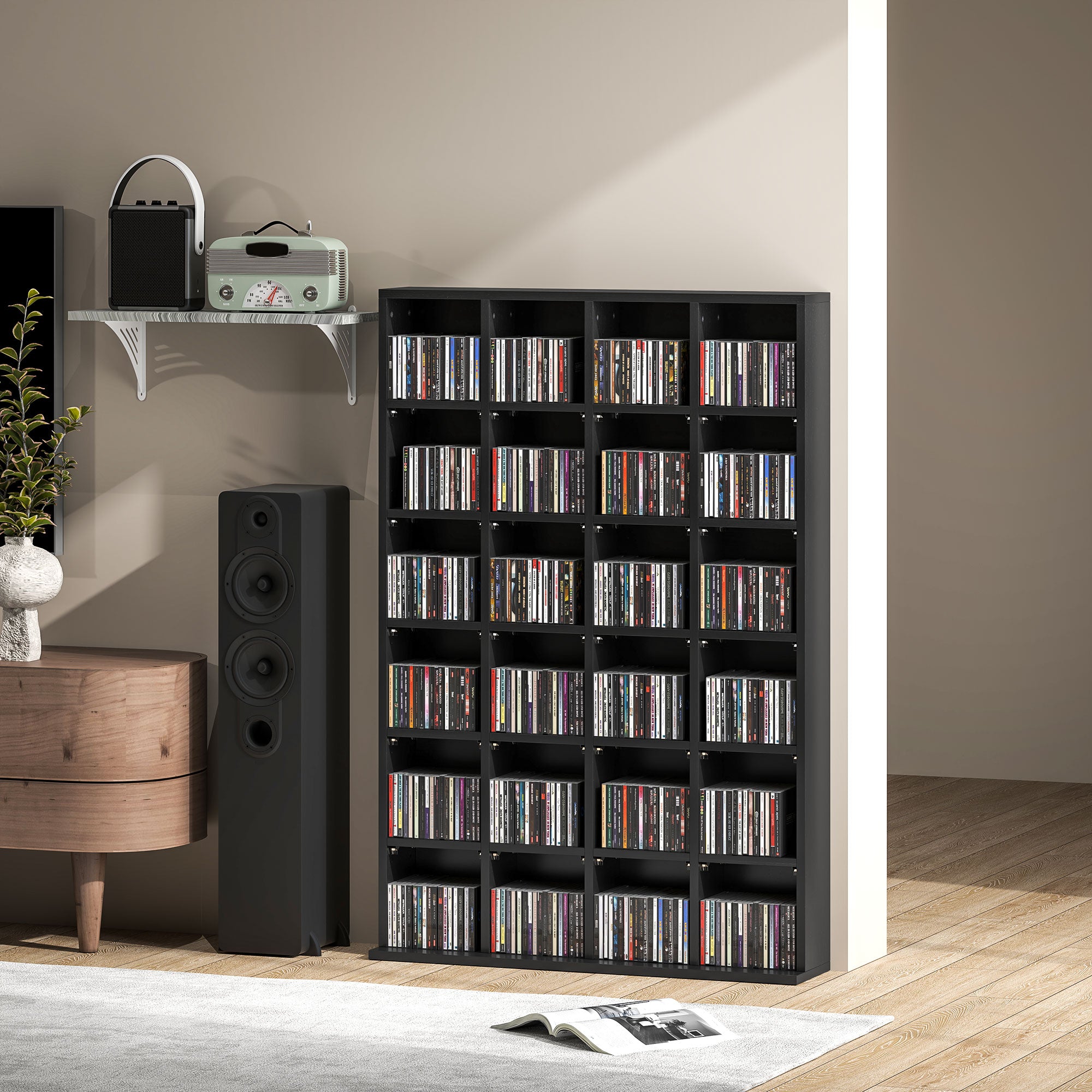 CD and DVD Storage, Multimedia Storage Cabinet with 24 Compartments, max. Capacity 480 CD/ 312 DVD, Wooden Bookshelf with Adjustable Shelves, 89 x 20 x 130.5 cm, Black