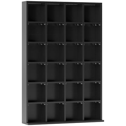 CD and DVD Storage, Multimedia Storage Cabinet with 24 Compartments, max. Capacity 480 CD/ 312 DVD, Wooden Bookshelf with Adjustable Shelves, 89 x 20 x 130.5 cm, Black