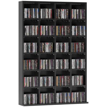 CD and DVD Storage, Multimedia Storage Cabinet with 24 Compartments, max. Capacity 480 CD/ 312 DVD, Wooden Bookshelf with Adjustable Shelves, 89 x 20 x 130.5 cm, Black