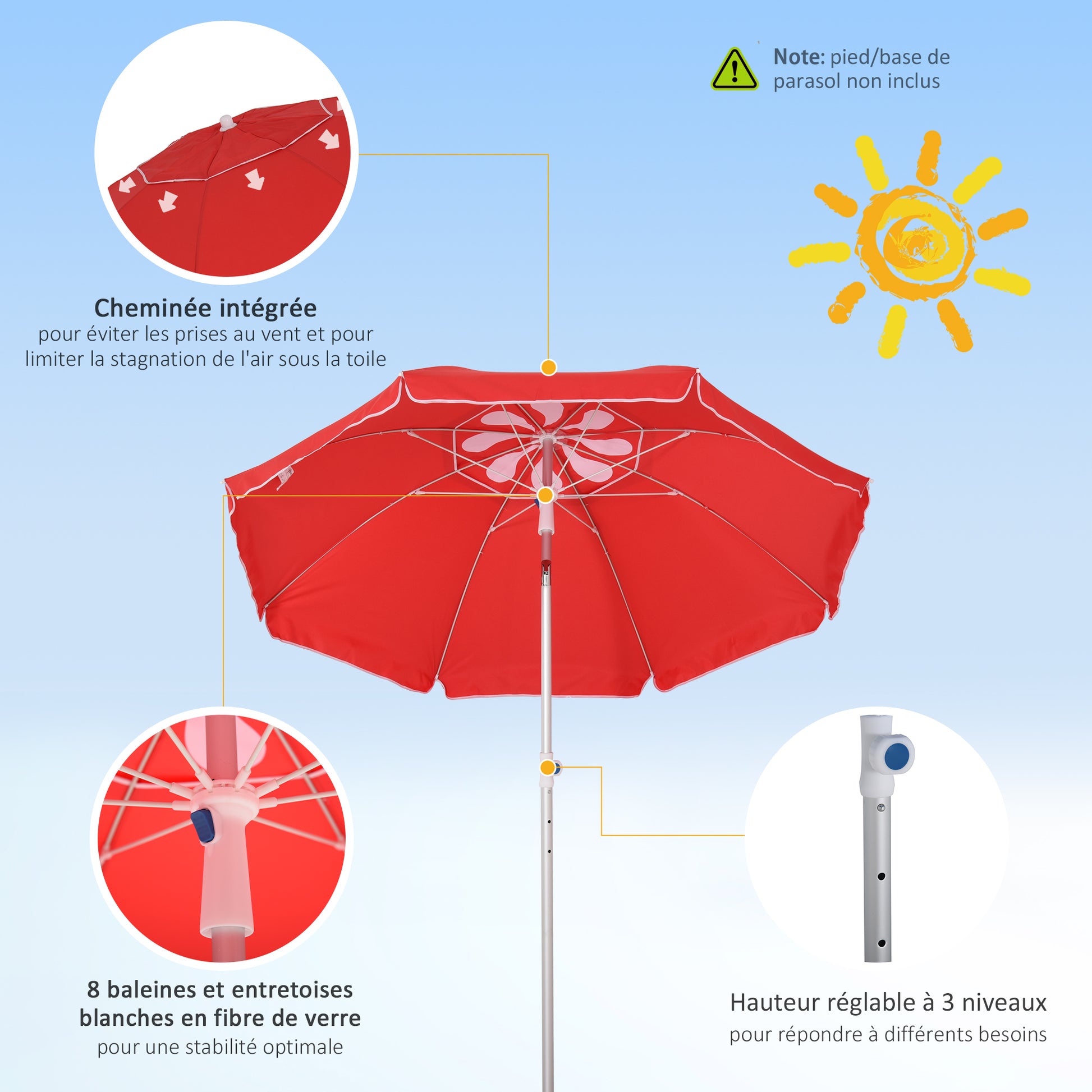 Beach Umbrella Tilted Octagonal Parasol Ø 180 cm high-density anti-UV polyester fabric adjustable height aluminum mast carrying bag included in red