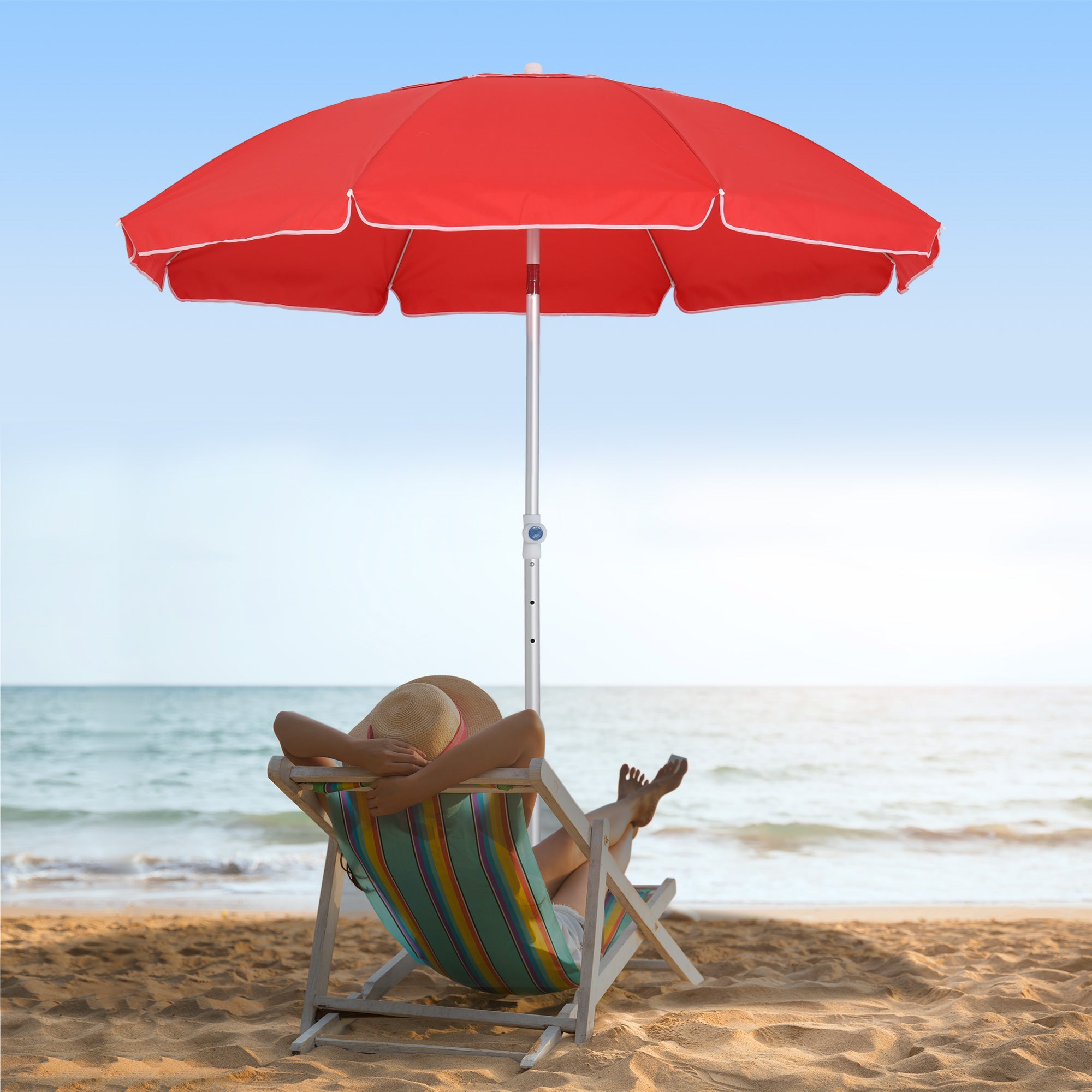 Beach Umbrella Tilted Octagonal Parasol Ø 180 cm high-density anti-UV polyester fabric adjustable height aluminum mast carrying bag included in red