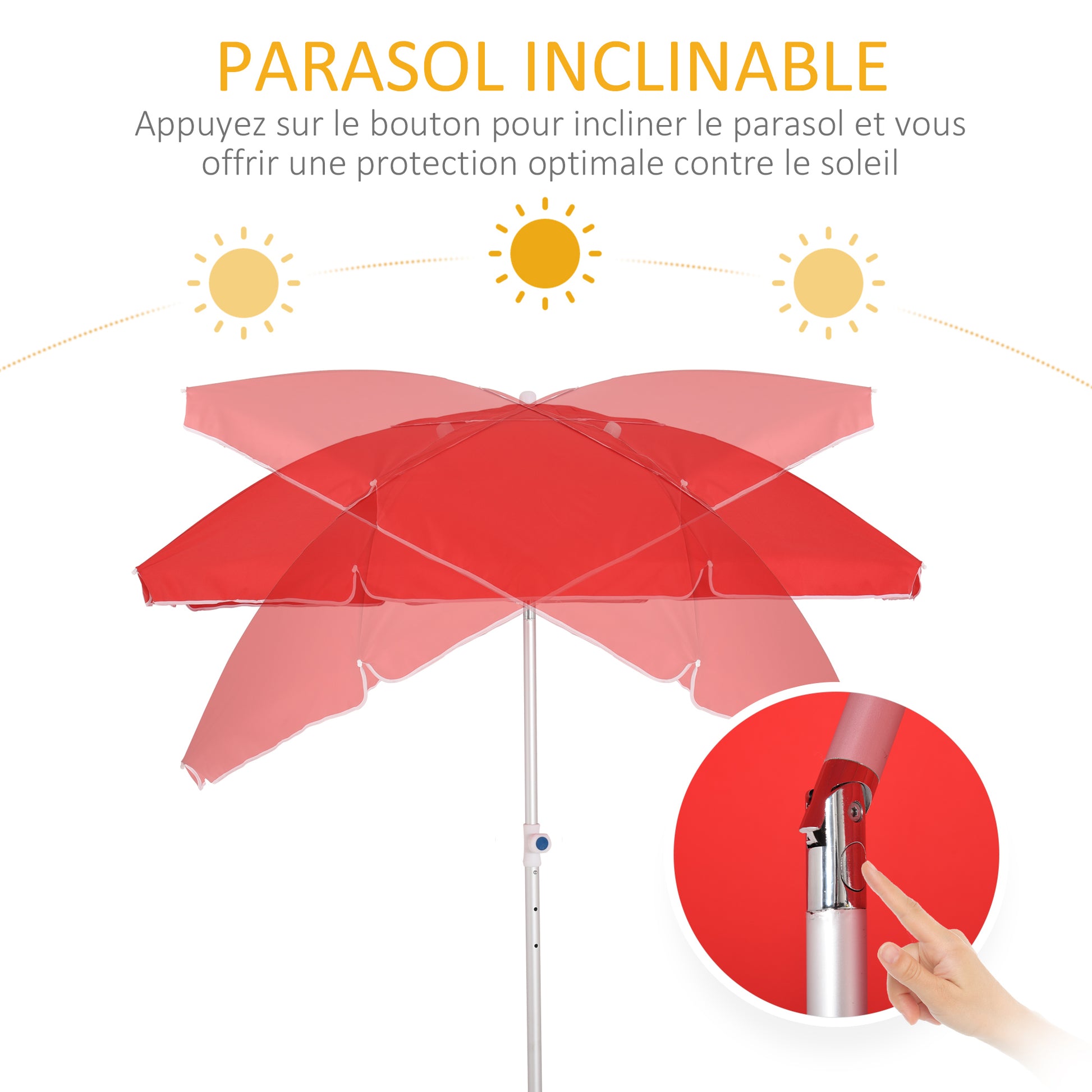 Beach Umbrella Tilted Octagonal Parasol Ø 180 cm high-density anti-UV polyester fabric adjustable height aluminum mast carrying bag included in red