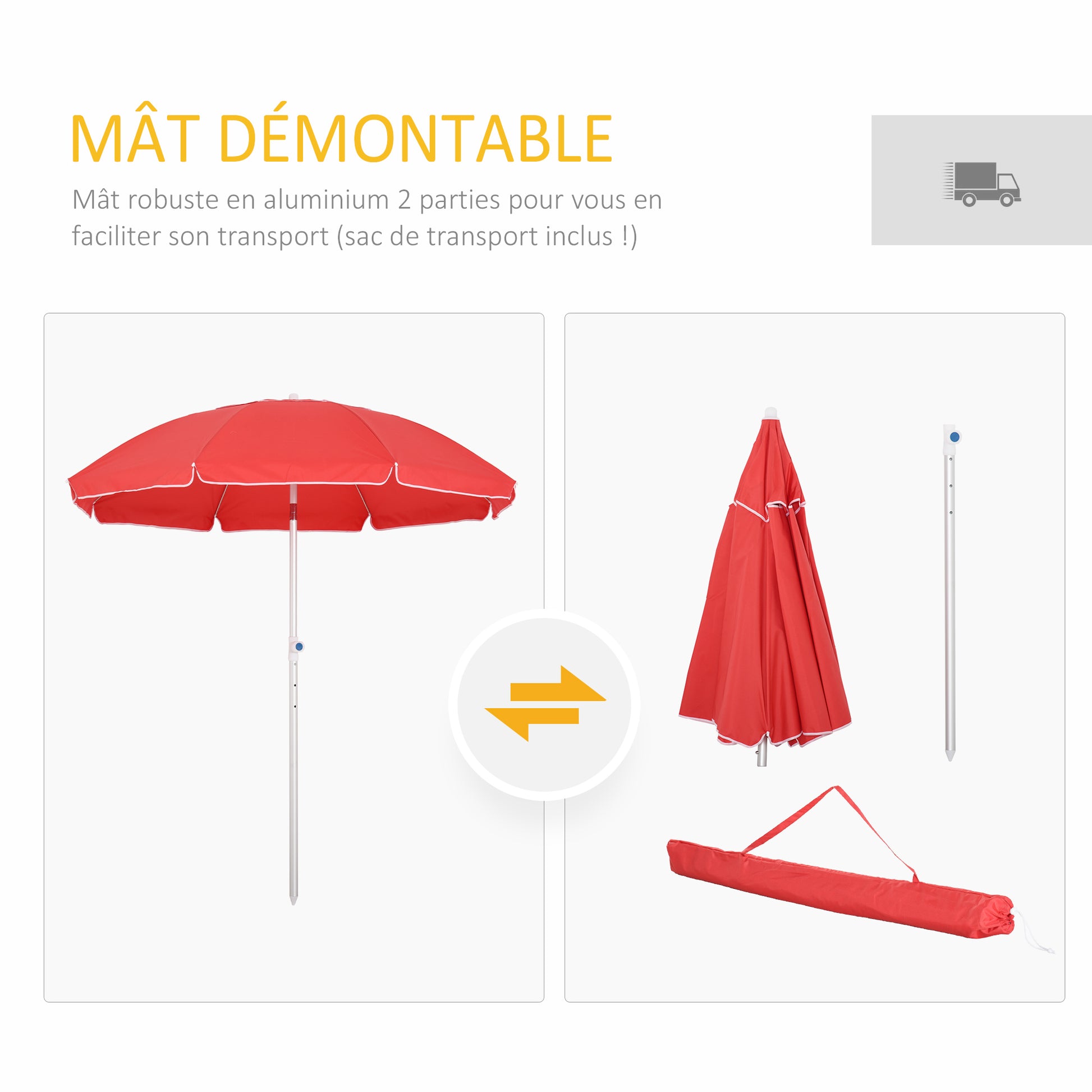 Beach Umbrella Tilted Octagonal Parasol Ø 180 cm high-density anti-UV polyester fabric adjustable height aluminum mast carrying bag included in red