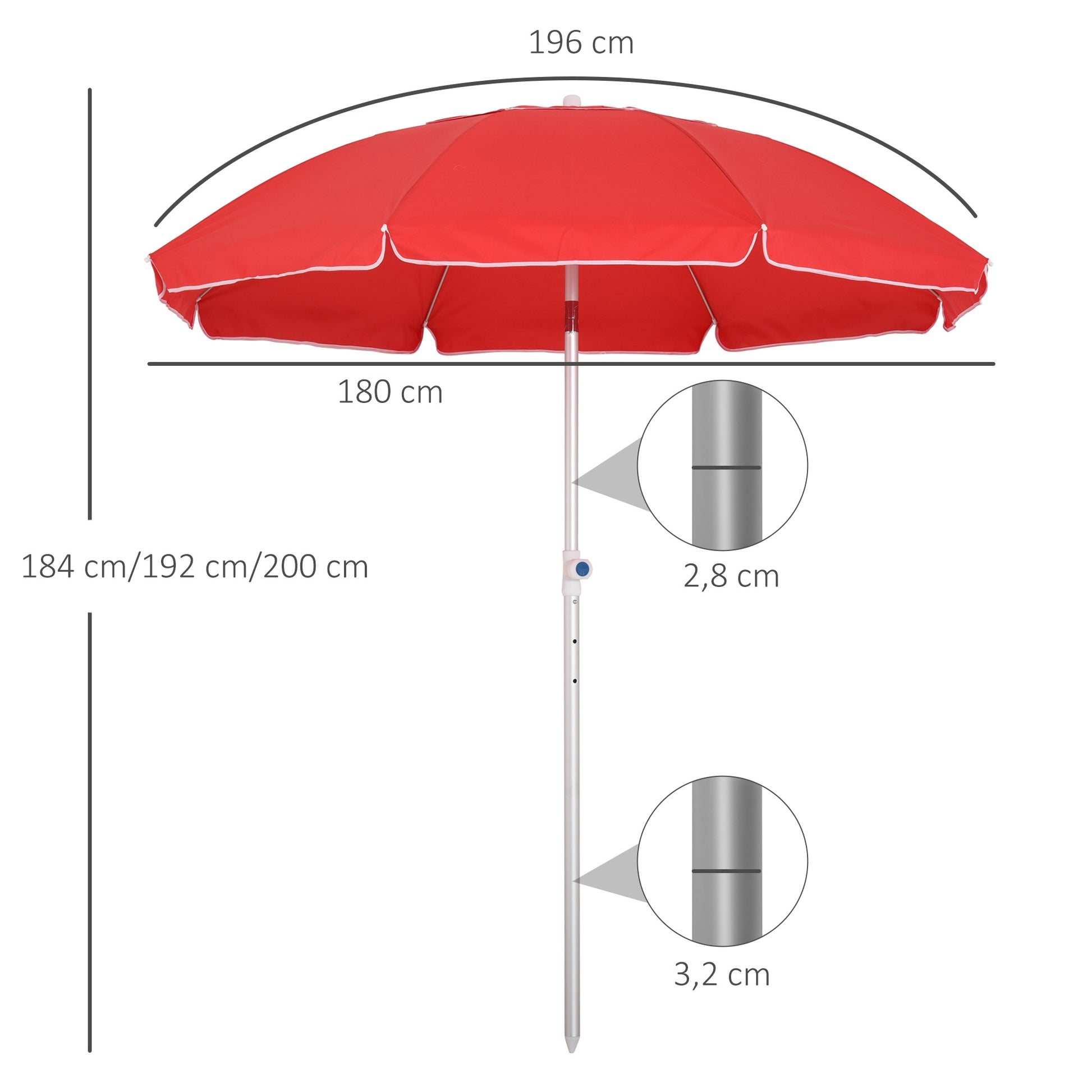Beach Umbrella Tilted Octagonal Parasol Ø 180 cm high-density anti-UV polyester fabric adjustable height aluminum mast carrying bag included in red