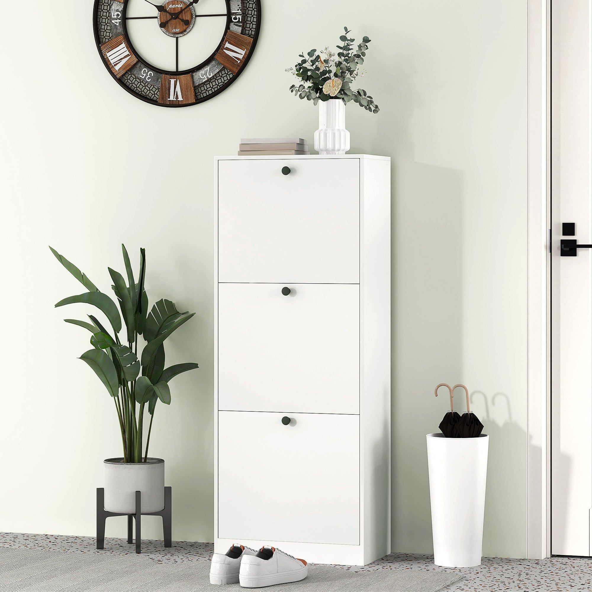 Shoe Cabinet with 3 Flaps, Shoe Rack with Adjustable Partition, Narrow Shoe Chest for 12 Pairs of Shoes 47 x 26 x 120 cm, White