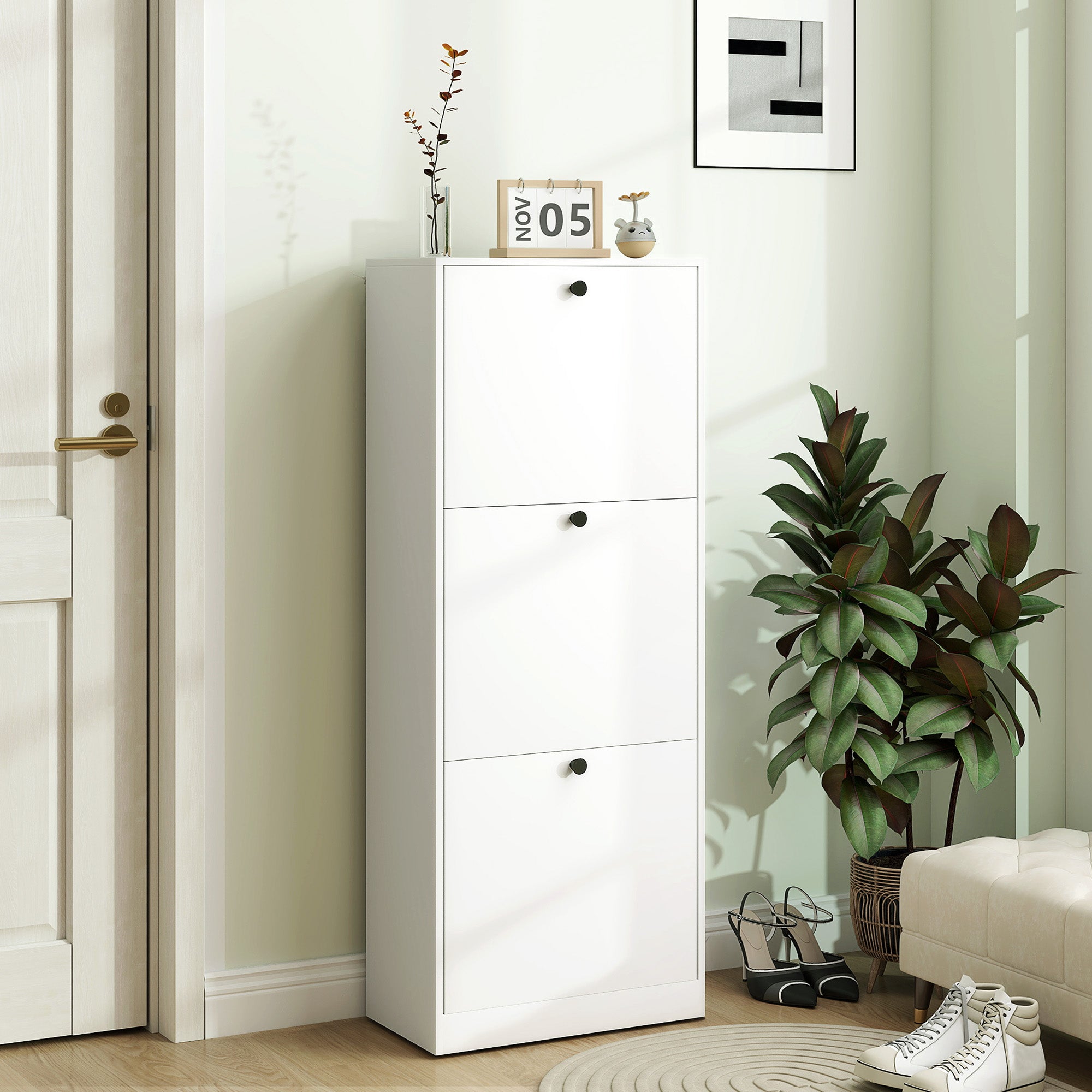 Shoe Cabinet with 3 Flaps, Shoe Rack with Adjustable Partition, Narrow Shoe Chest for 12 Pairs of Shoes 47 x 26 x 120 cm, White