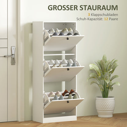 Shoe Cabinet with 3 Flaps, Shoe Rack with Adjustable Partition, Narrow Shoe Chest for 12 Pairs of Shoes 47 x 26 x 120 cm, White