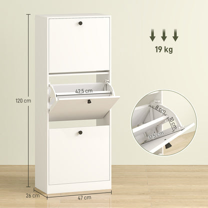 Shoe Cabinet with 3 Flaps, Shoe Rack with Adjustable Partition, Narrow Shoe Chest for 12 Pairs of Shoes 47 x 26 x 120 cm, White
