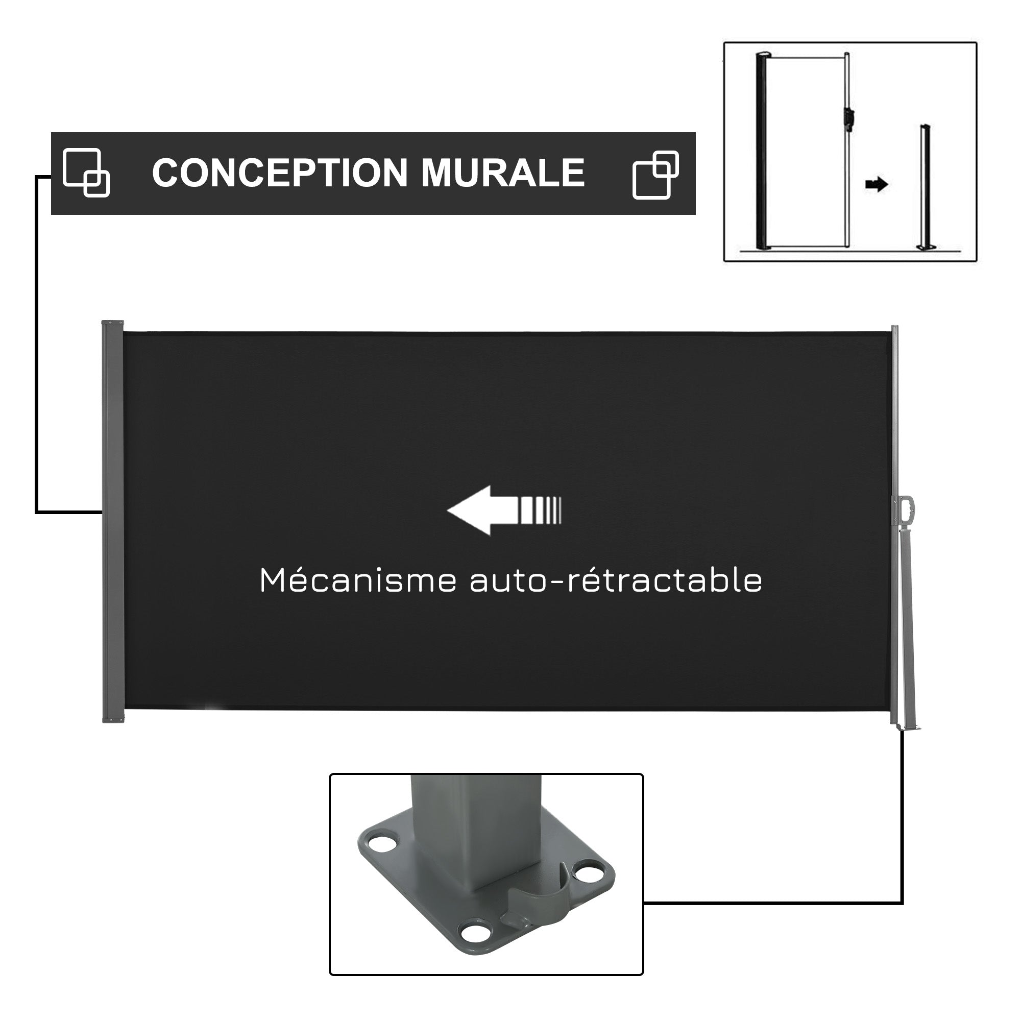 Side Awning Retractable Privacy Screen dim. 3L x 1.6H m metal Waterproof UV-resistant High-density 180 g/m² Black