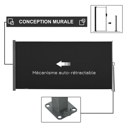 Side Awning Retractable Privacy Screen dim. 3L x 1.6H m metal Waterproof UV-resistant High-density 180 g/m² Black