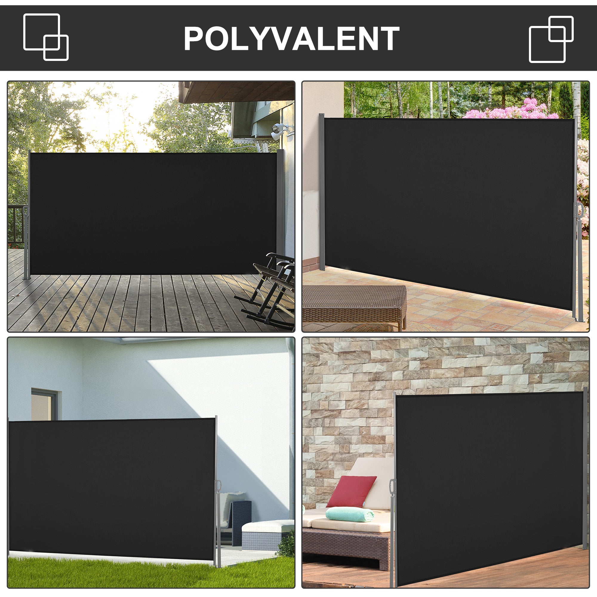 Side Awning Retractable Privacy Screen dim. 3L x 1.6H m metal Waterproof UV-resistant High-density 180 g/m² Black