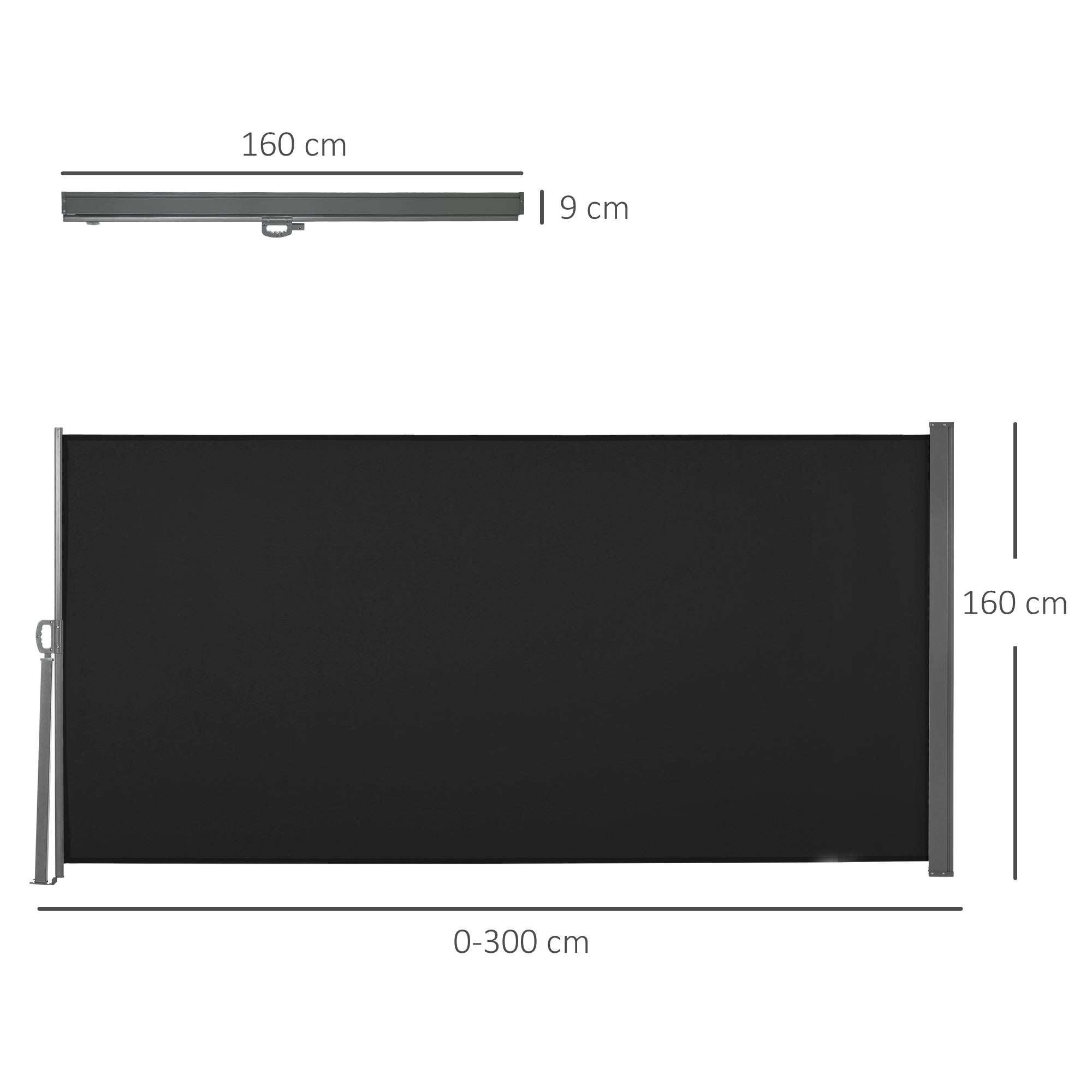 Side Awning Retractable Privacy Screen dim. 3L x 1.6H m metal Waterproof UV-resistant High-density 180 g/m² Black