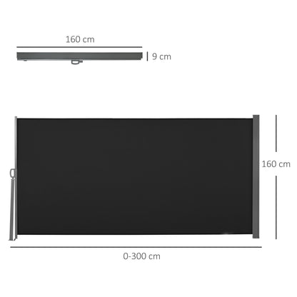 Side Awning Retractable Privacy Screen dim. 3L x 1.6H m metal Waterproof UV-resistant High-density 180 g/m² Black