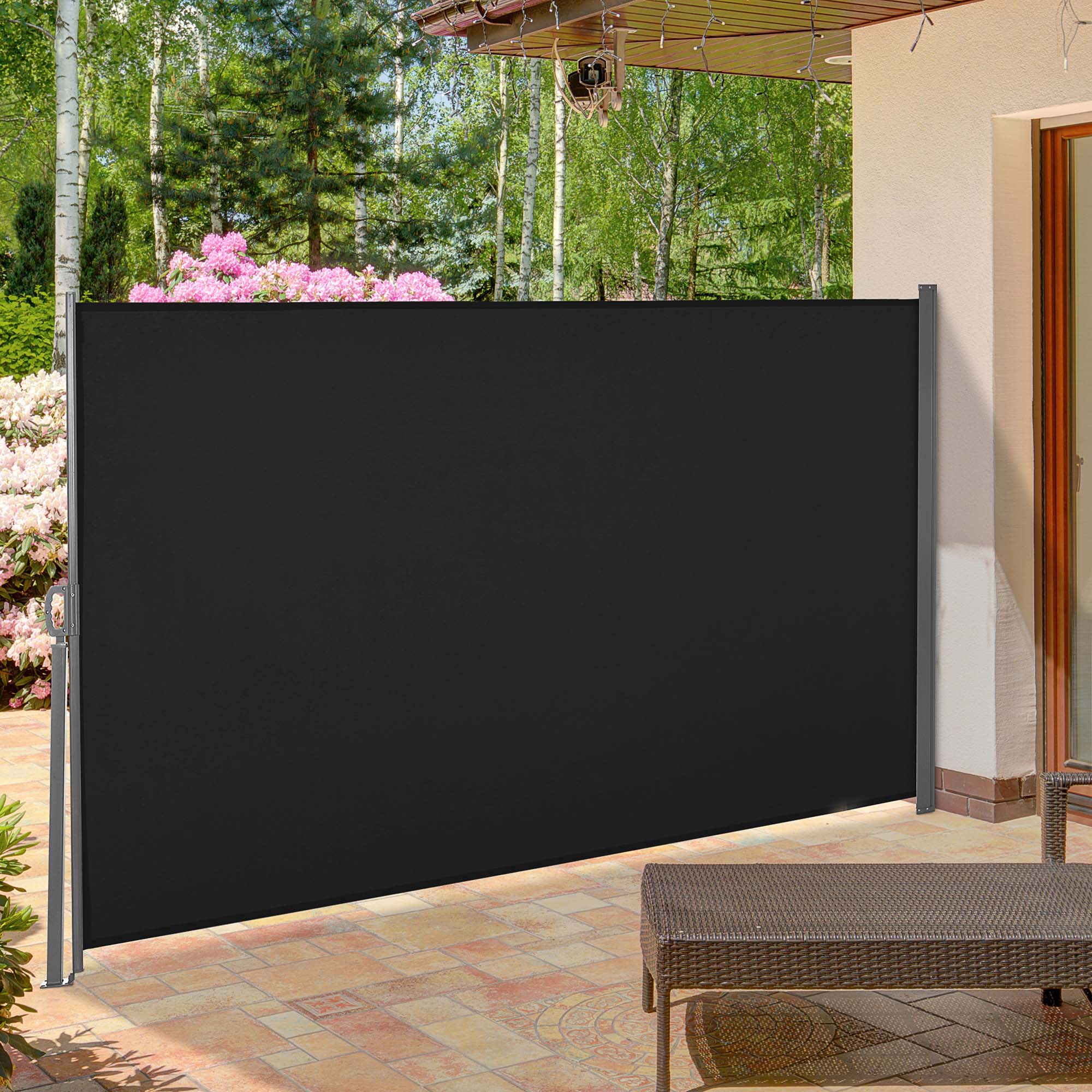 Side Awning Retractable Privacy Screen dim. 3L x 1.6H m metal Waterproof UV-resistant High-density 180 g/m² Black