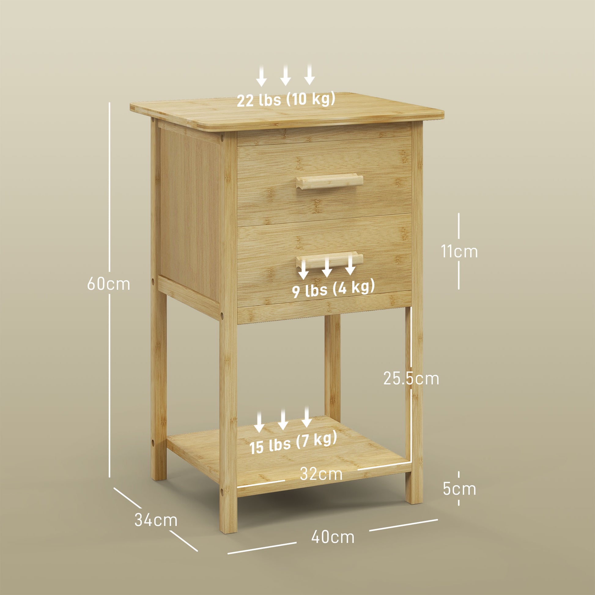 2-Piece Nightstand Set, Bedside Table with Drawer, Shelf, Night Stand with Handle, for Bedroom, Living Room, Natural, 40 x 34 x 60 cm