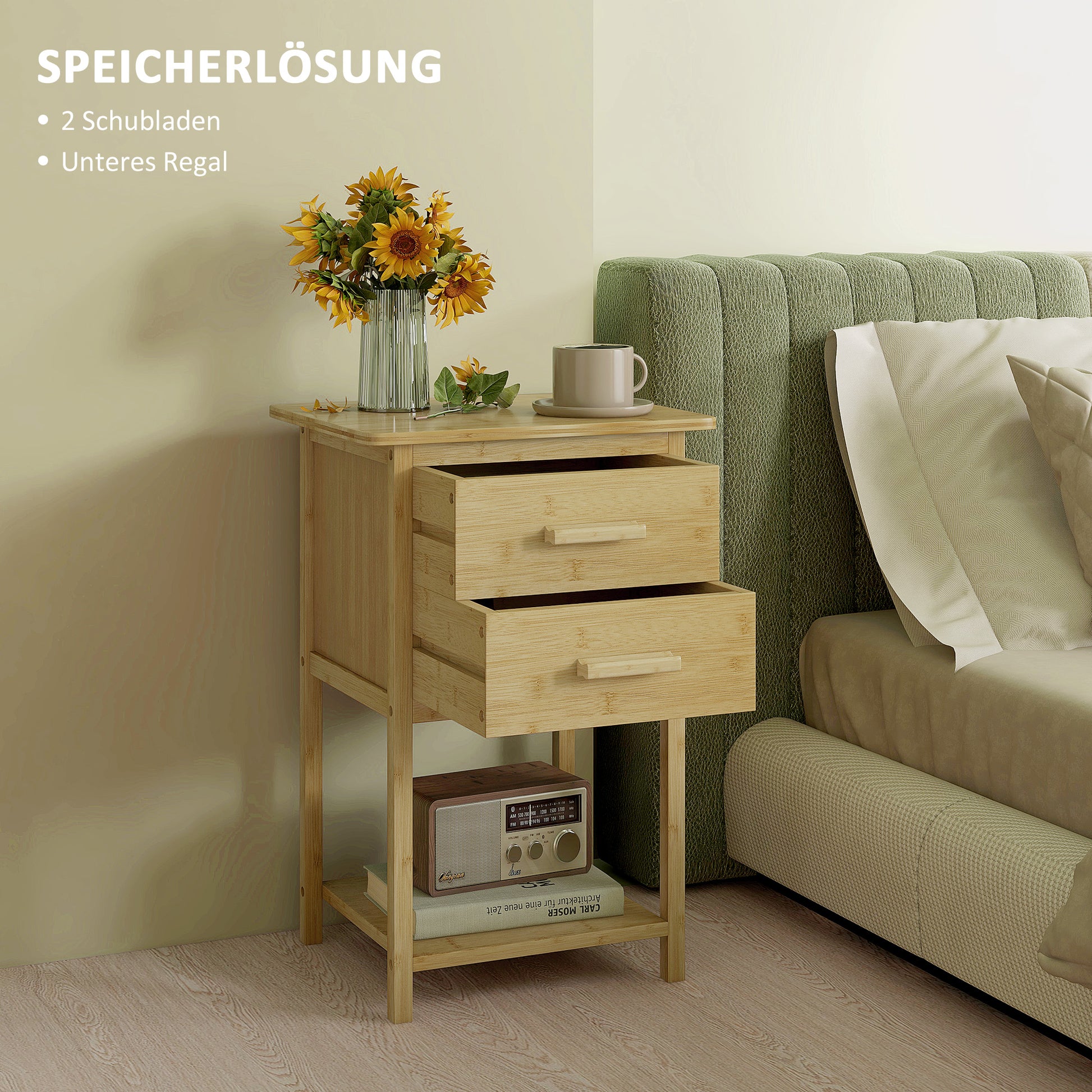 2-Piece Nightstand Set, Bedside Table with Drawer, Shelf, Night Stand with Handle, for Bedroom, Living Room, Natural, 40 x 34 x 60 cm