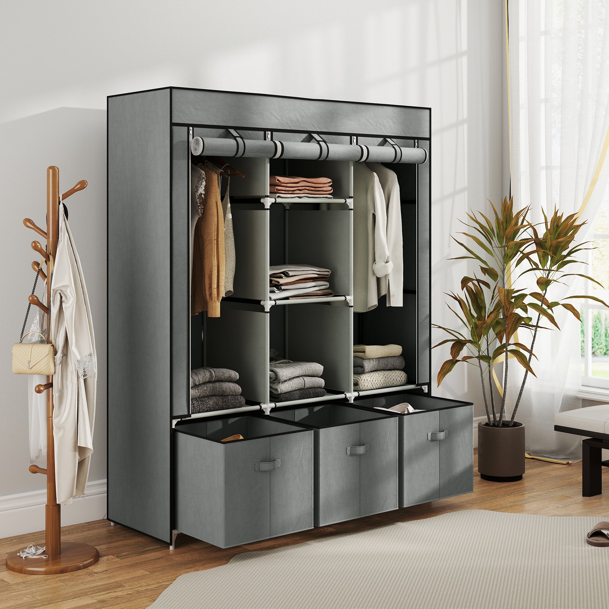 Fabric Wardrobe with Clothes Rail, Drawers, Zipper Folding Wardrobe for Bedroom, Dressing Room, 125 x 43 x 162.5 cm, Light Grey